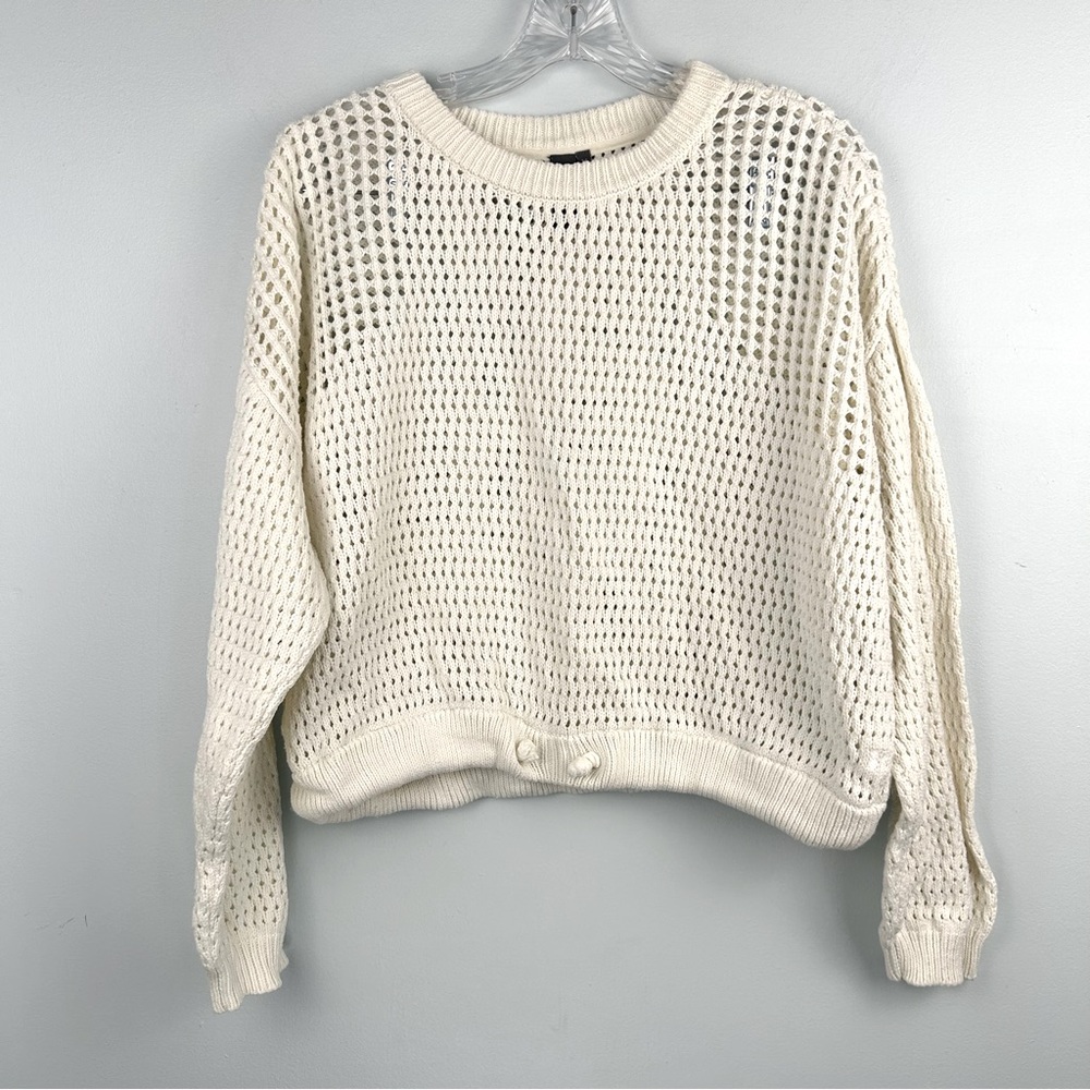 Sweaty Betty Cream Open-Knit Cropped Drawstring Hem Sweater Sz medium